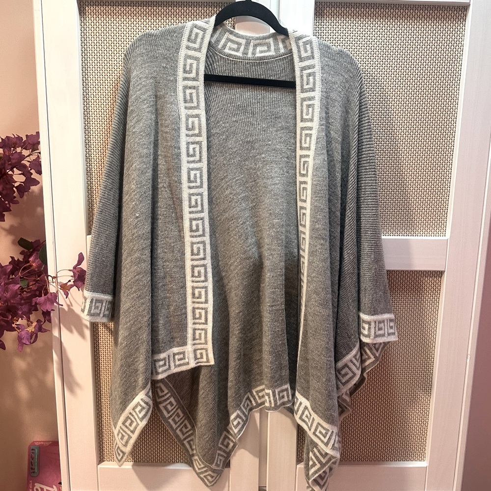 Gray Open Front Shawl with Greek Key Trim